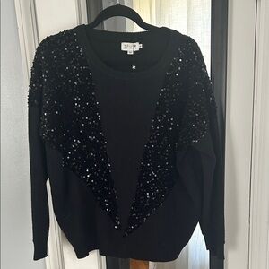 Molly Bracken Black Sequin V-Paneled Crewneck Sweater